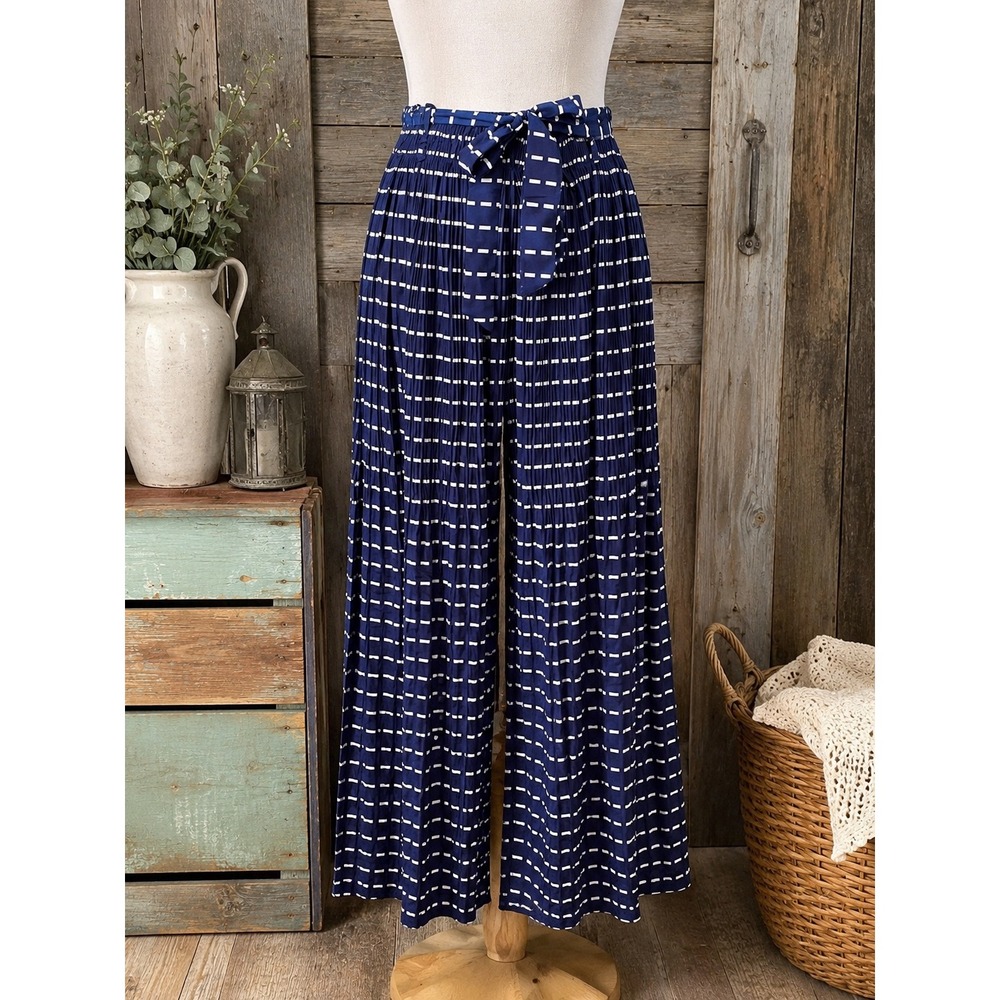 Clix Latinawear Navy Blue White Dash Pleated Maxi Skirt with Tie Waist Size L